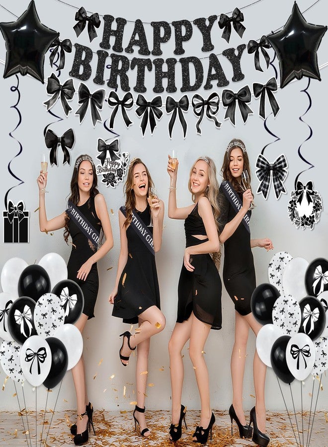 Bolake Black Bow Birthday Party Decorations Girl Bow Themed Party Decorations Include Happy Birthday Banner Hanging Swirls Balloons Cake Toppers for Girls Baby Shower Bridal Shower Bachelorette Party Decor - Image 3